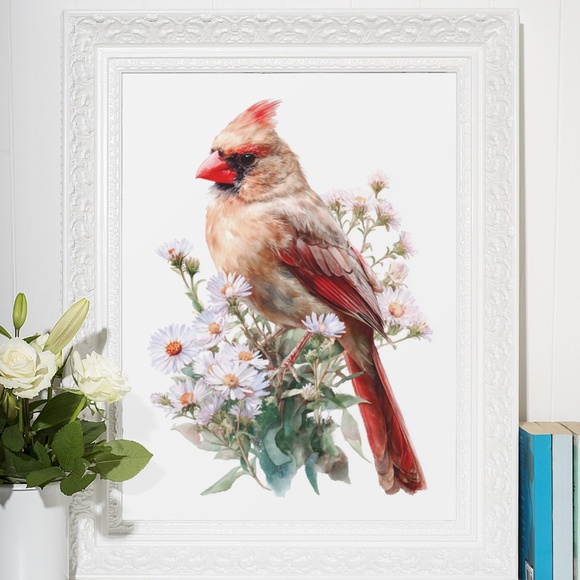 Watercolor Female Cardinal Bird with Flowers Wall Art Print Unframed - Picture 6 of 6